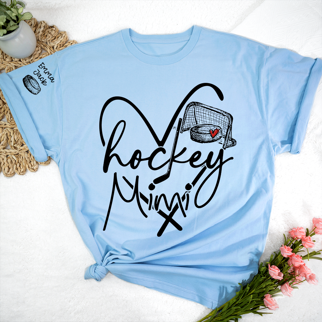 Hockey Heart Mimi Family Shirt, Custom Names and Hockey Puck Design Personalized Tee