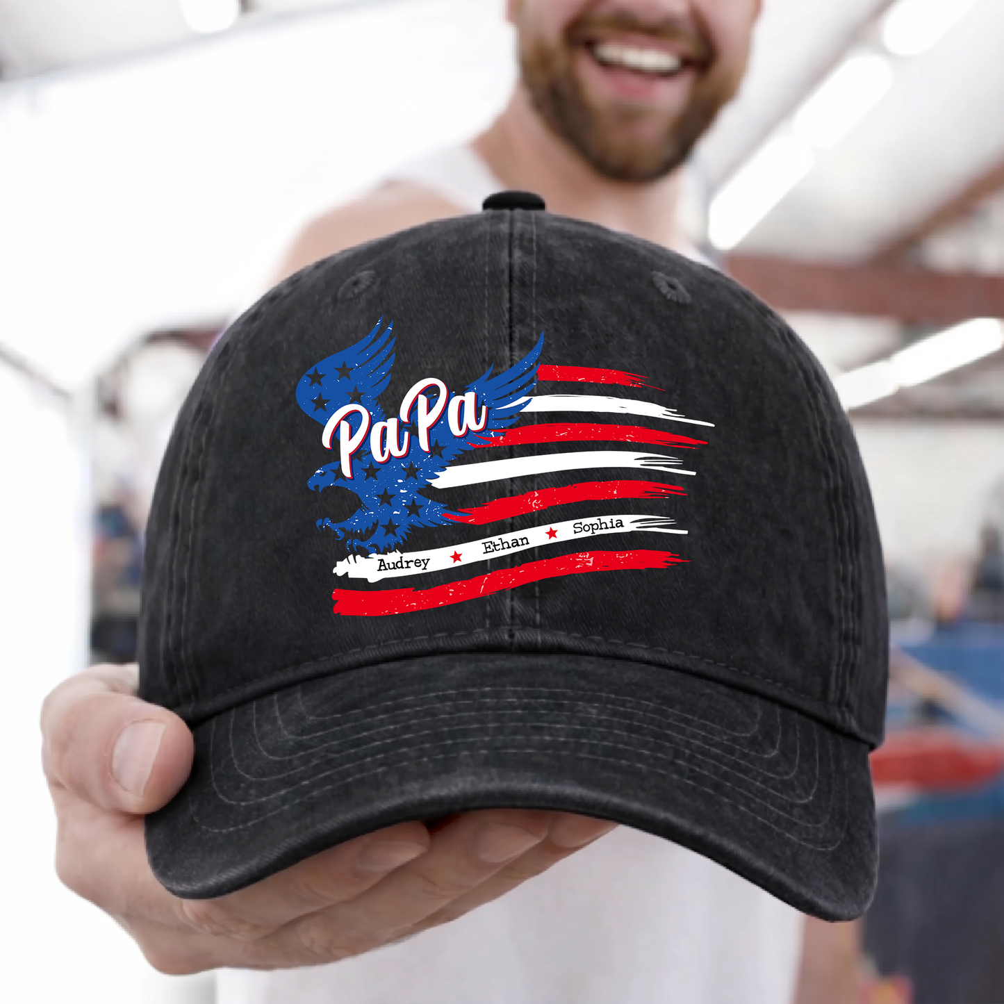Personalized PaPa American Flag Hat for Grandpa, Custom Kids Names Patriotic Eagle Cap, Fathers Day Gift for Papa Grandfather Birthday Present for Men