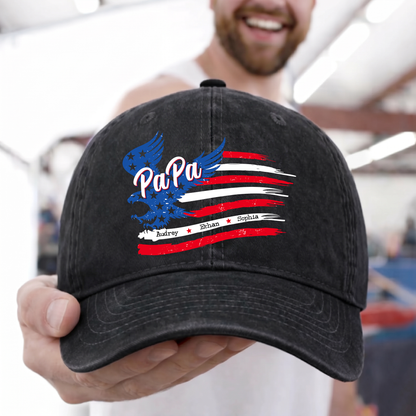 Personalized PaPa American Flag Hat for Grandpa, Custom Kids Names Patriotic Eagle Cap, Fathers Day Gift for Papa Grandfather Birthday Present for Men