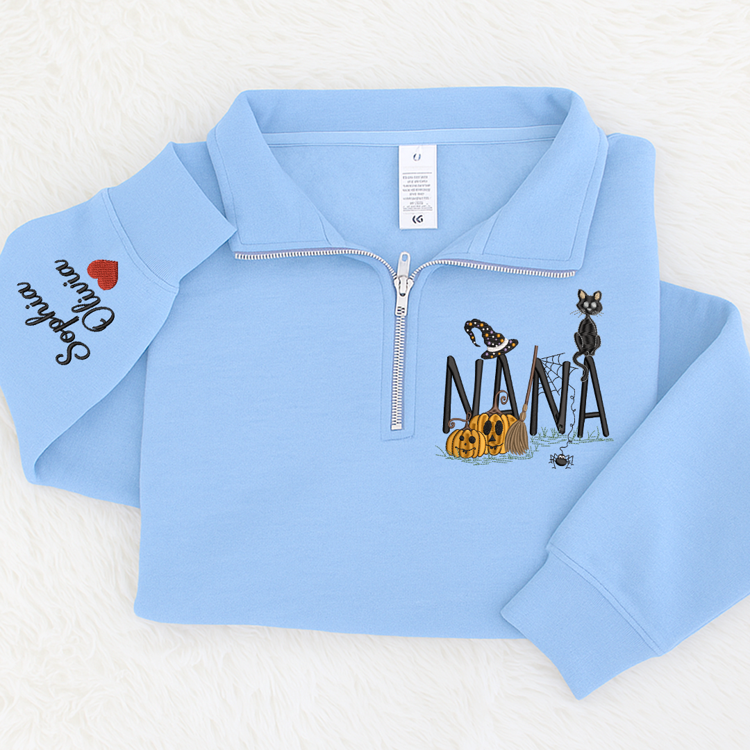 Personalized Nana Halloween Quarter Zip, Custom Embroidered Pumpkin Sweatshirt
