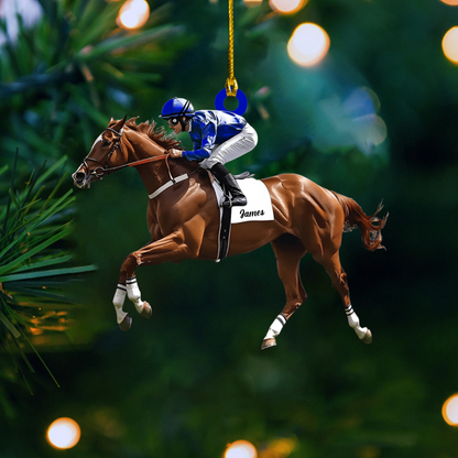 Personalized Horse Racing Ornament – Custom Name Jockey Riding Horse Christmas Decoration, Gift for Equestrian & Race Fans Ornament