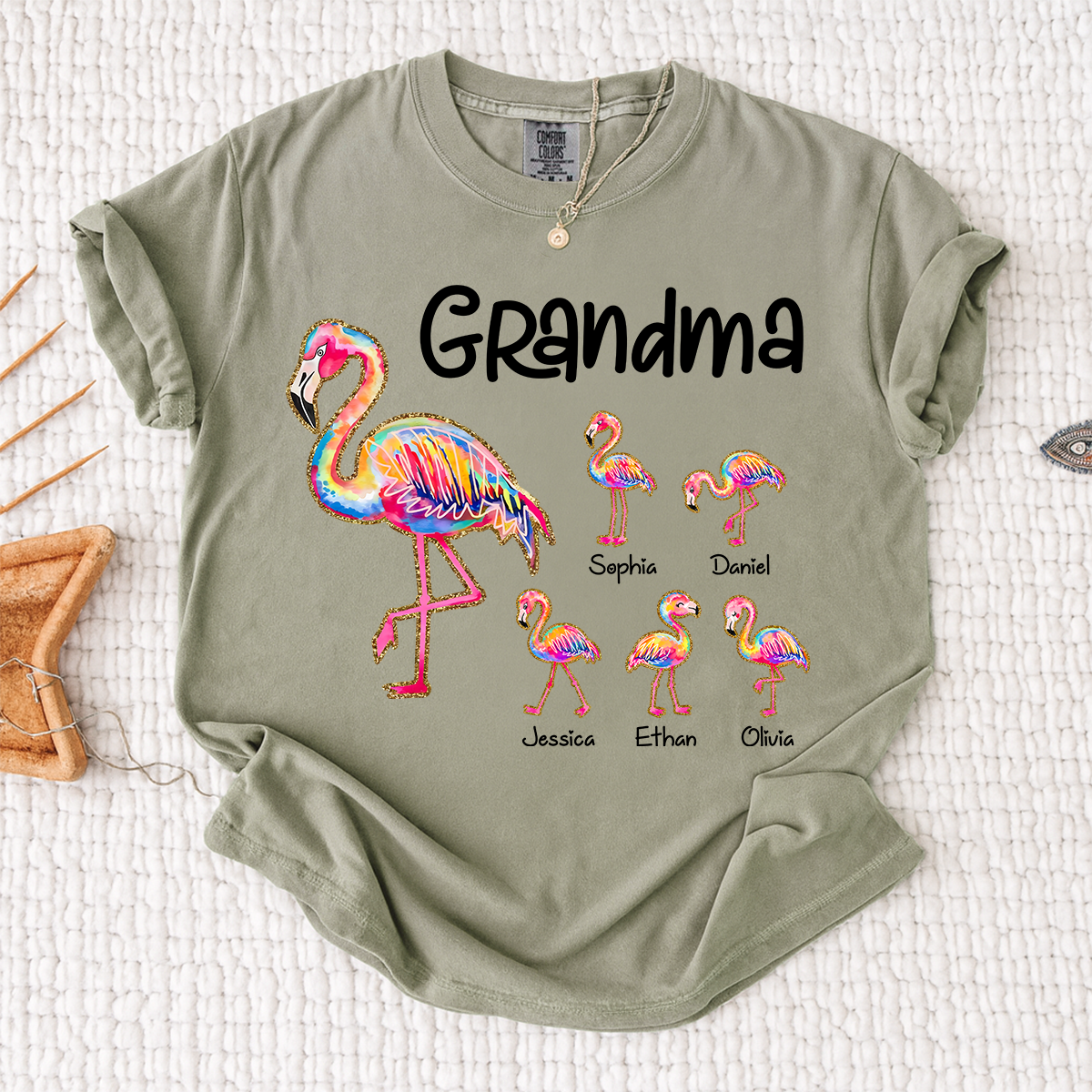 Comfort Colors Custom Grandma Flamingo Tee with Kids Names, Personalized Tropical Bird Shirt for Women, Summer Vacation Family Gift