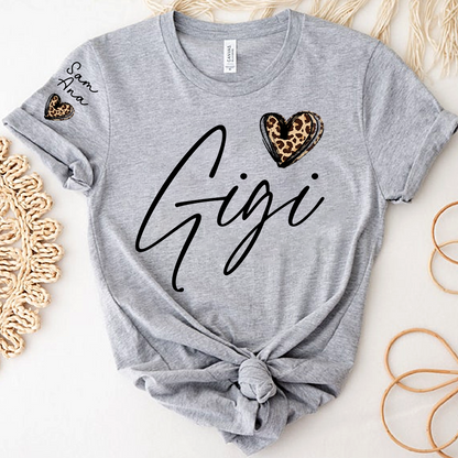 Personalized Gigi Heart Leopard Print T-shirts Custom Family T-Shirt with Heart Shape and Name