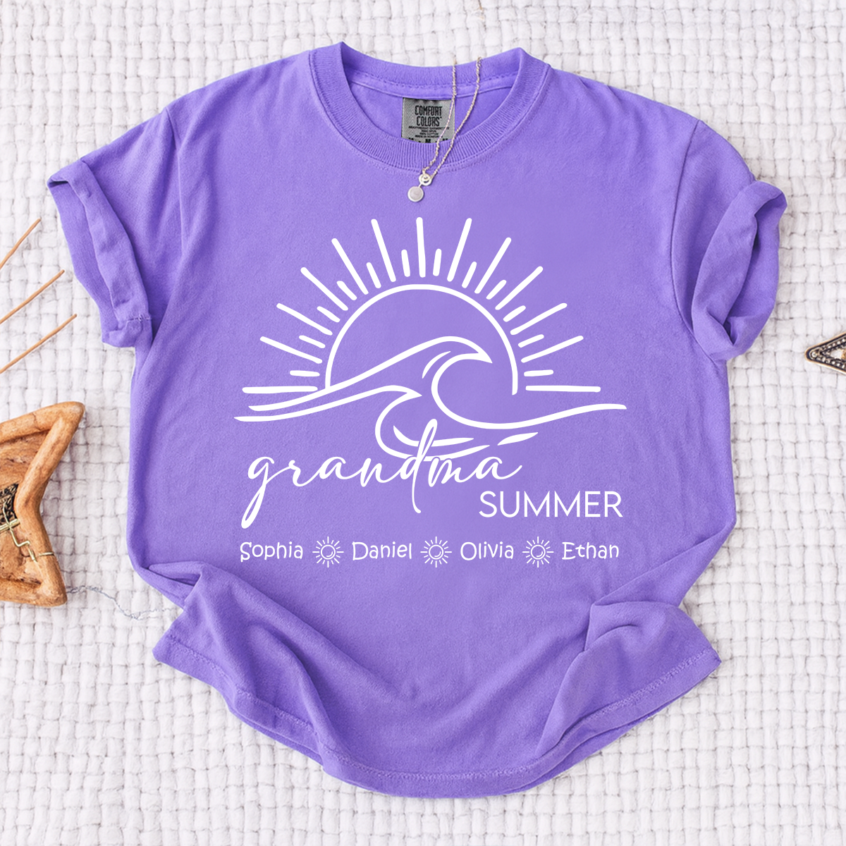 Comfort Colors Personalized Grandma Summer Shirt, Custom Grandkids Names Wave T-Shirt, Beach Vacation Grandma Gift, Family Matching Tee