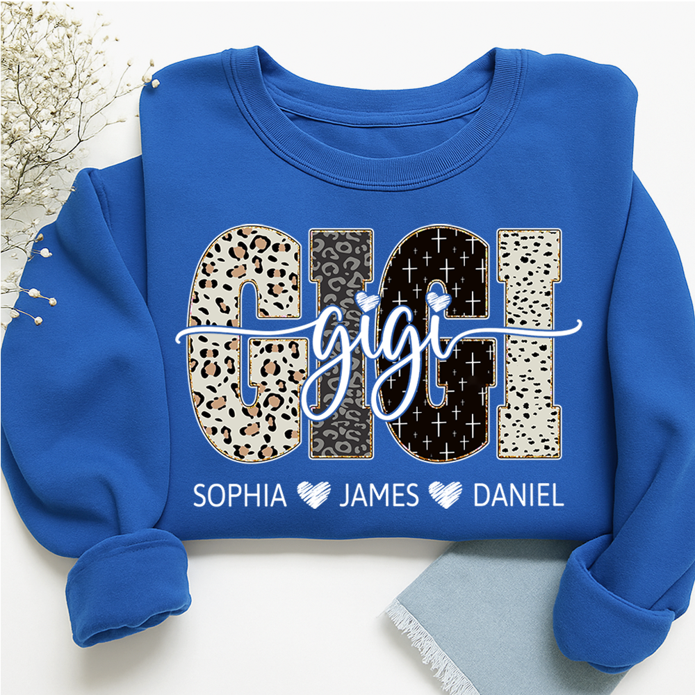 Personalized GiGi Sweatshirt With Grandkids Names, Custom Leopard Print Grandma Pullover