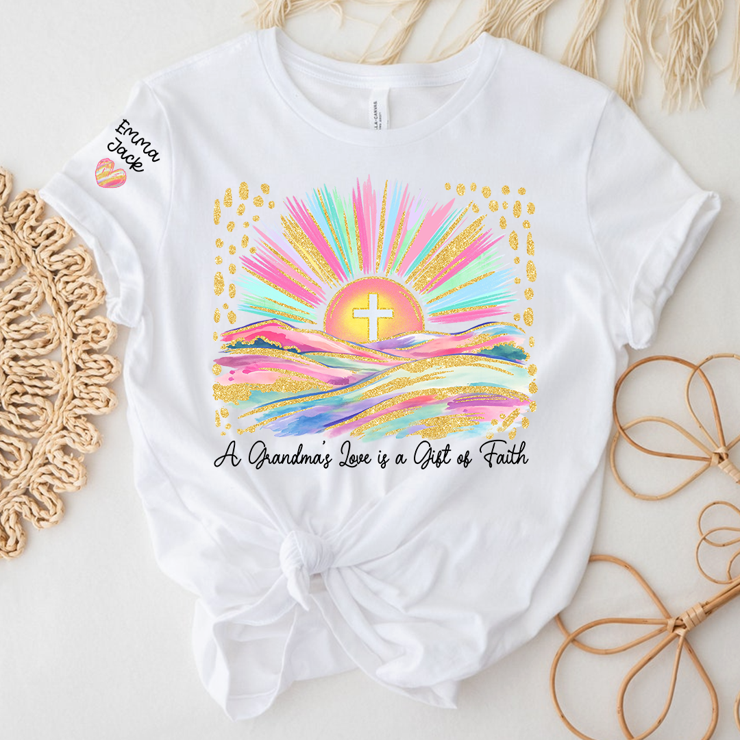 Faith Christian Grandma T-Shirt, Pastel Colorful Sunrise Cross Tee, Cute Personalized Gift for Grandma And Kids