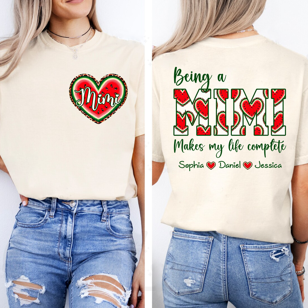 Personalized Mimi Watermelon Heart Shirt, Custom Grandma Comfort Colors Tee with Grandkids Names, Being a Mimi Makes My Life Complete