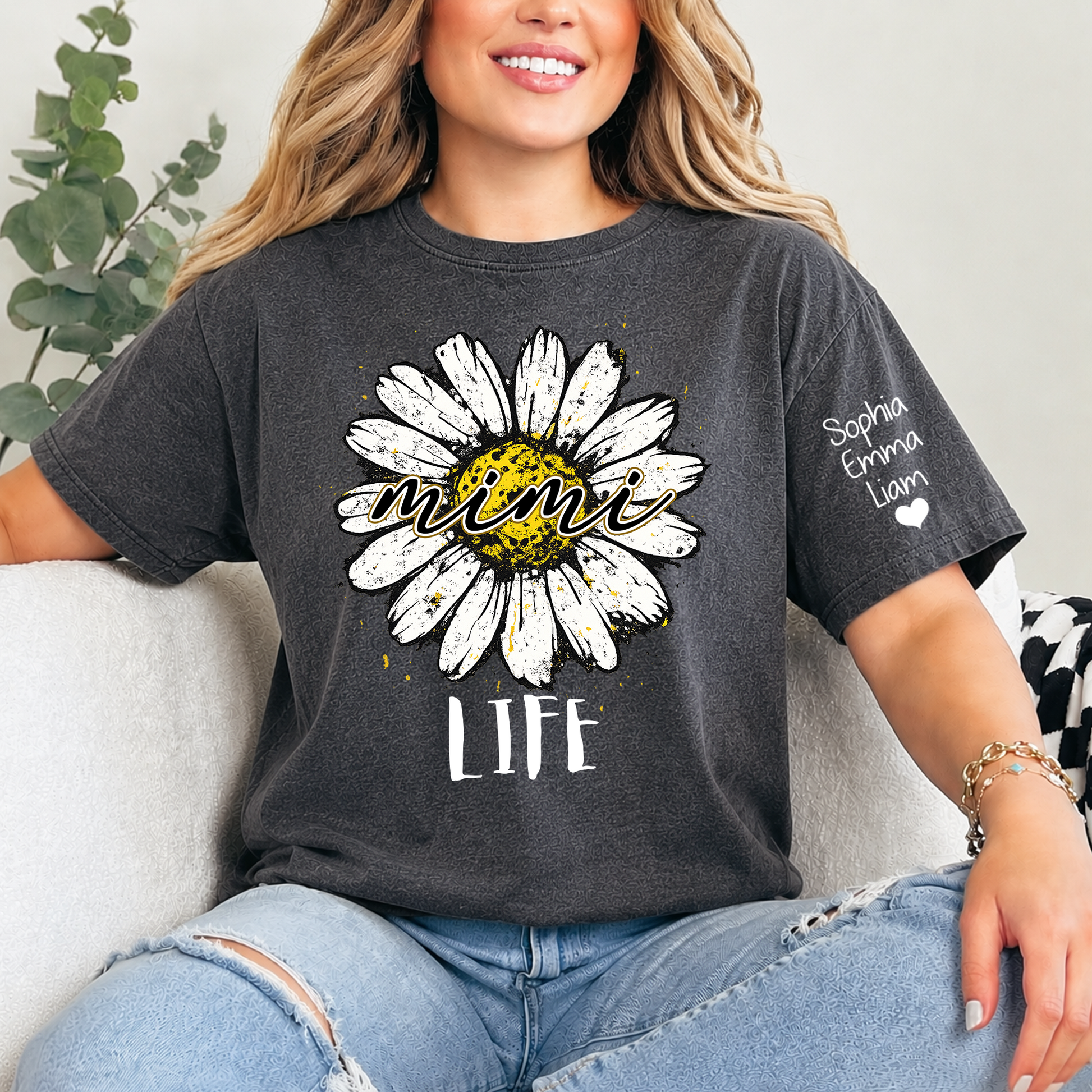 Personalized Mimi Life Daisy Shirt, Custom Grandma T-Shirt with Kids Names on Sleeve, Floral Family Name Tee Gift for Grandma, Nana Shirt
