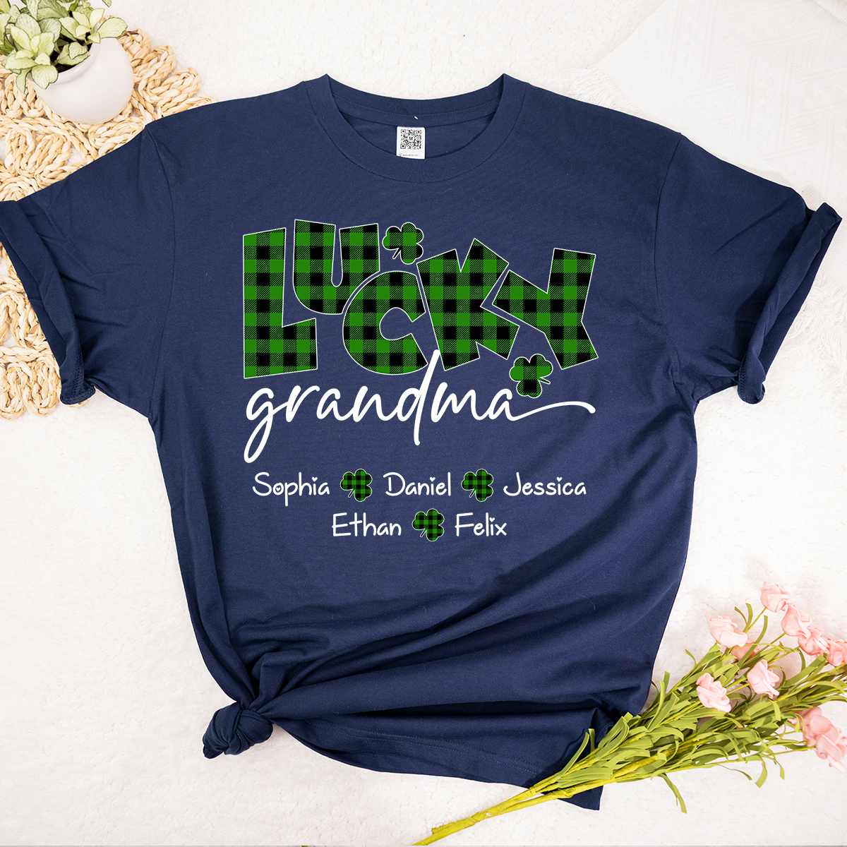 Lucky Grandma Personalized Shirt Clover Shamrock Artwork Custom Family Names St Patrick’s Day Celebration Tee