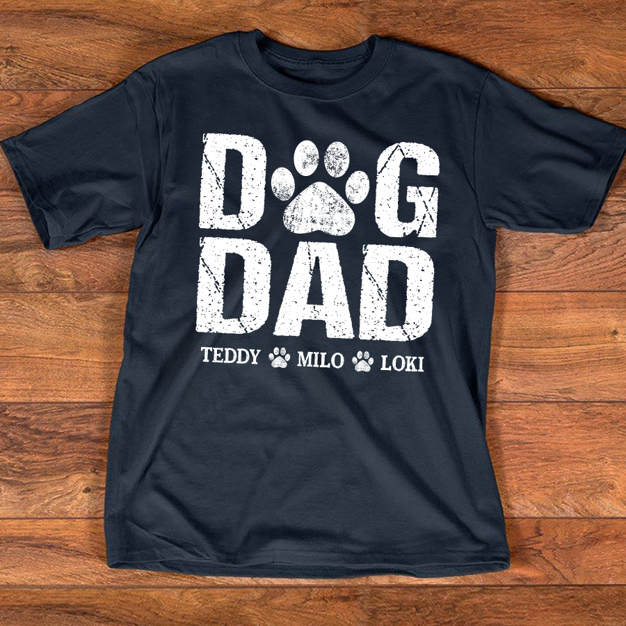 Custom Dog Dad T Shirt, Paw Print Design, Personalized with Dog Names, Perfect Gift for Dog Lovers
