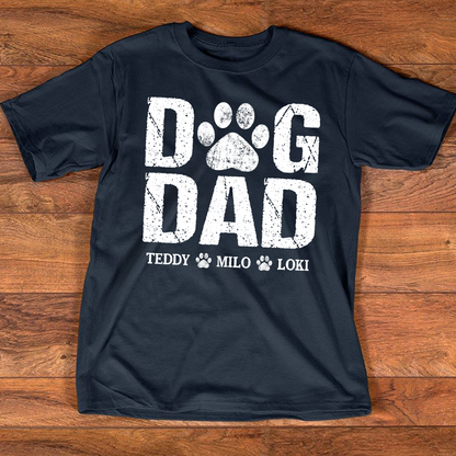 Custom Dog Dad T Shirt, Paw Print Design, Personalized with Dog Names, Perfect Gift for Dog Lovers