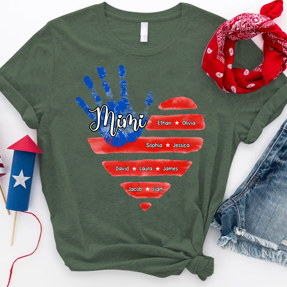 Custom Mimi Shirt, American Flag Handprint with Family Names, Personalized Gift for Mimi, Patriotic Grandkids Shirt