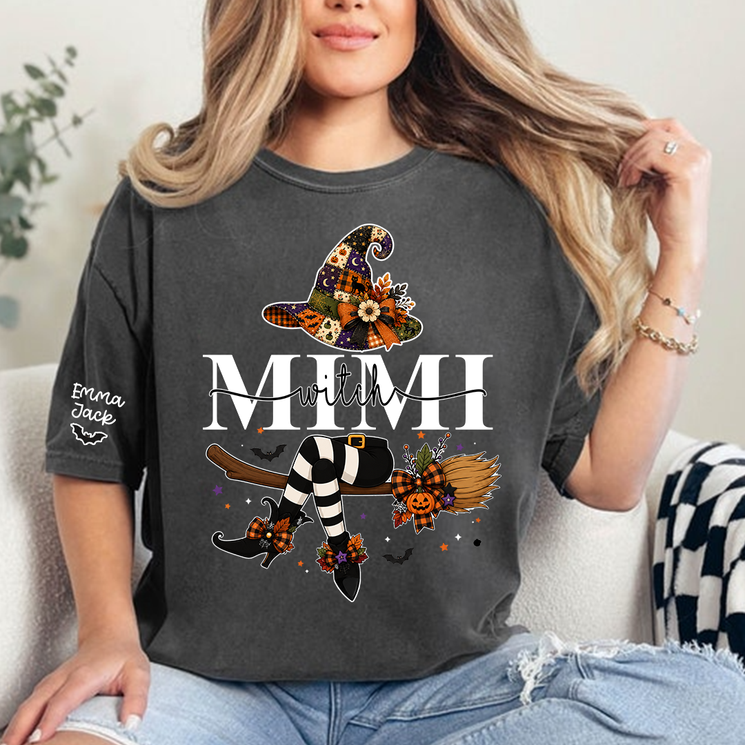 Personalized Grandma Mimi Halloween Shirt, Cute Witch and Pumpkin Design Tee, Custom Grandchildren Names T Shirt