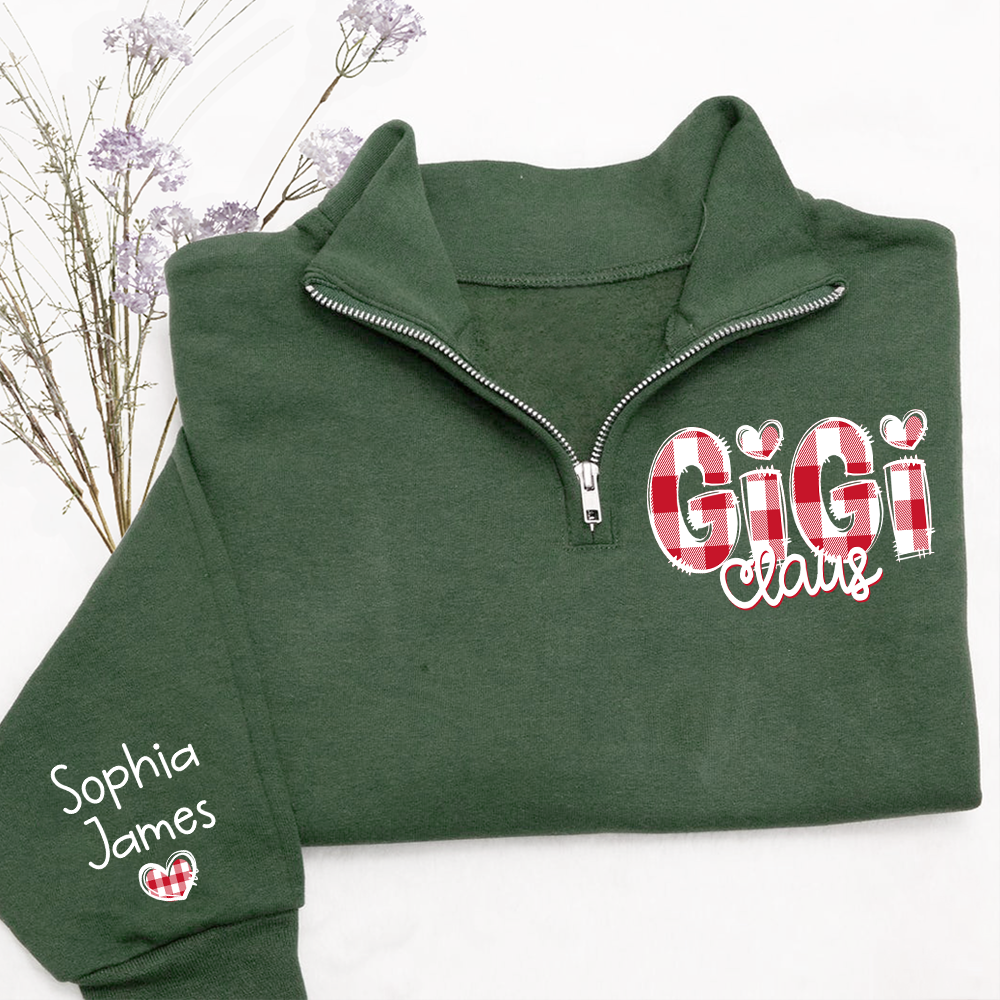Personalized Gigi Claus Zip Sweatshirt – Custom Name Buffalo Plaid Christmas Sweatshirt Gift For Grandma