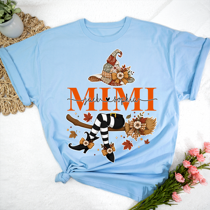 Personalized Mimi Witch Halloween Shirt, Fall Pumpkin Grandma Tee, Custom Grandkids Names T Shirt, Cute Autumn Gift for Mimi