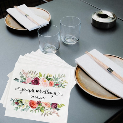 Personalized Floral Wedding Napkins with Custom Names and Date - Elegant Bridal Shower or Wedding Reception Decor, Unique Party Favors