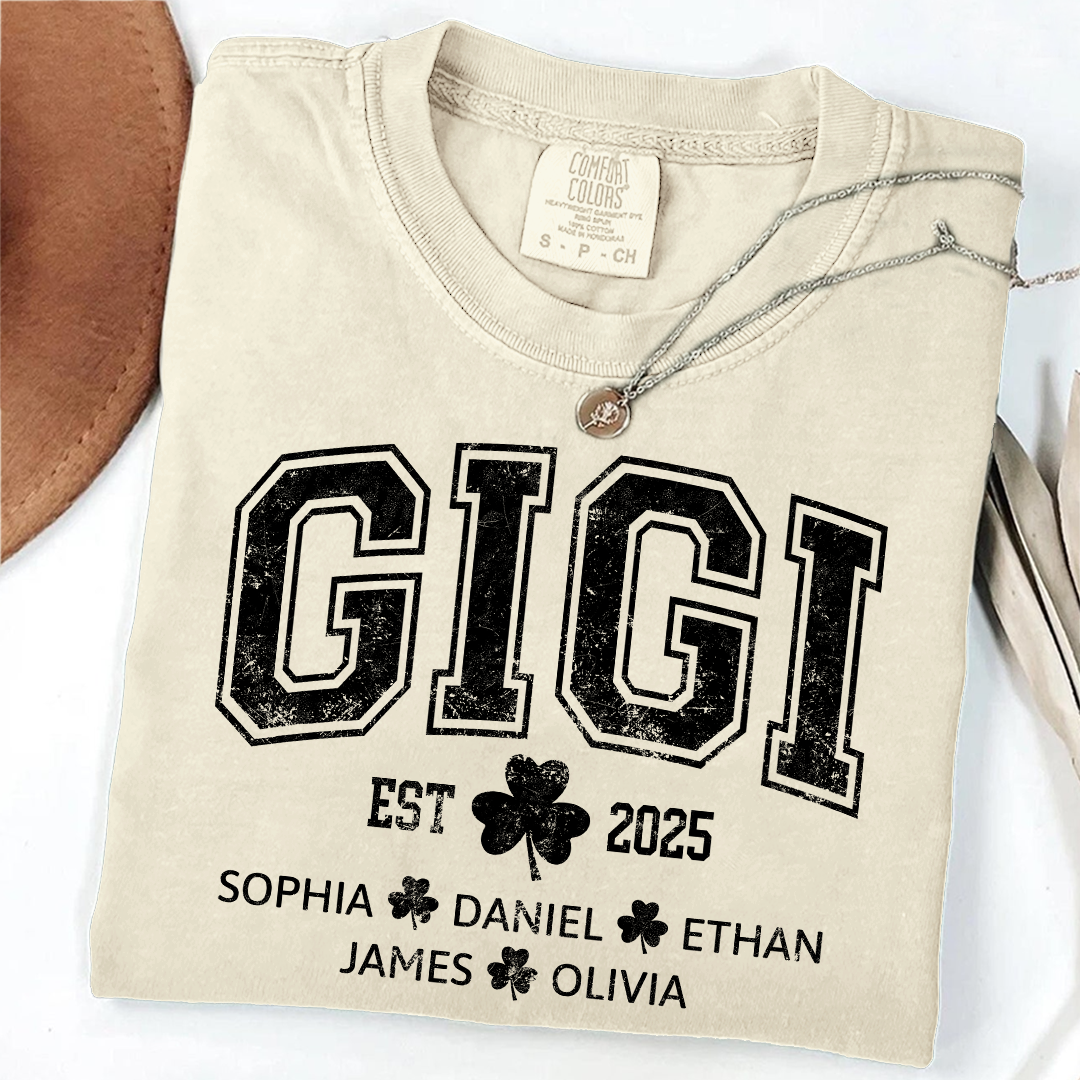 Comfort Colors St Patrick’s Day Gigi Shirt Est 2025, Custom Grandma T Shirt with Kids Names Shamrock Design