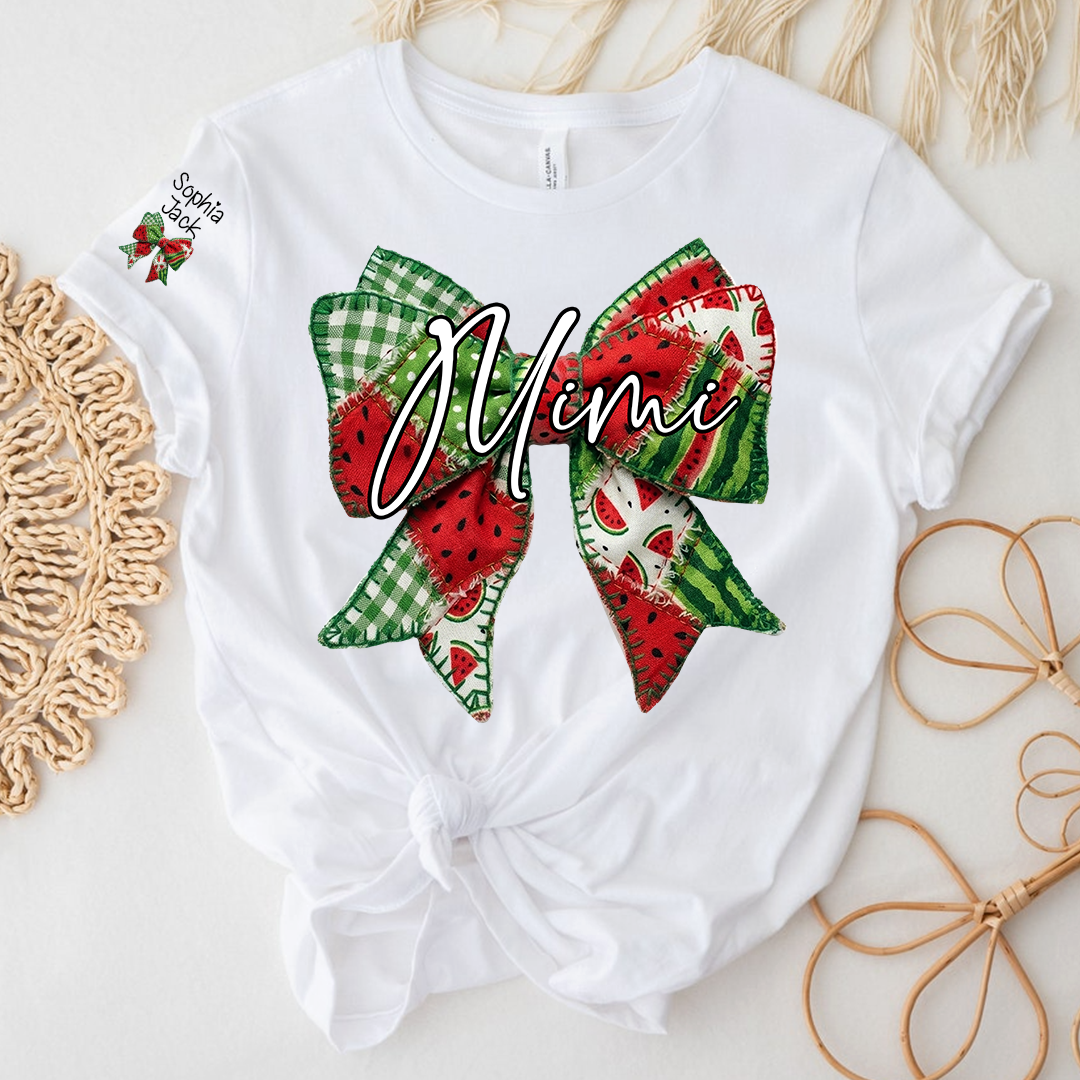 Mimi Watermelon Bow T-Shirt Personalized Grandma Shirt Summer Family Names Tee