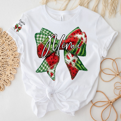Mimi Watermelon Bow T-Shirt Personalized Grandma Shirt Summer Family Names Tee