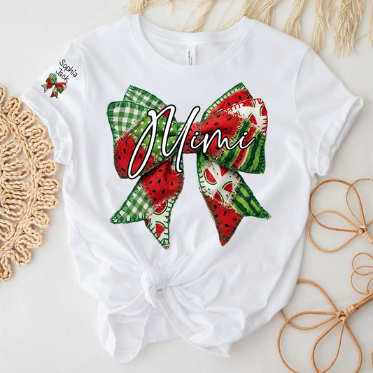 Mimi Watermelon Bow T-Shirt Personalized Grandma Shirt Summer Family Names Tee