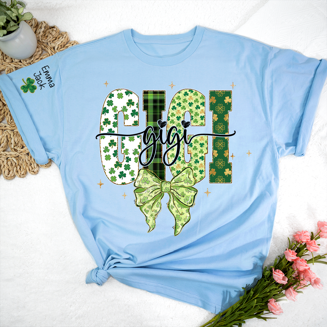 Gigi St Patrick’s Day Shirt, Shamrock Bow Green Family,T-Shirt For Gift Grandma And Kids