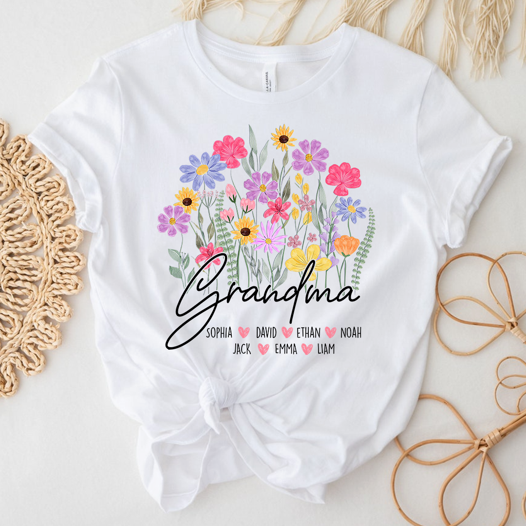 Personalized Grandma Floral Shirt, Custom Family Names T-Shirt with Wildflower Design