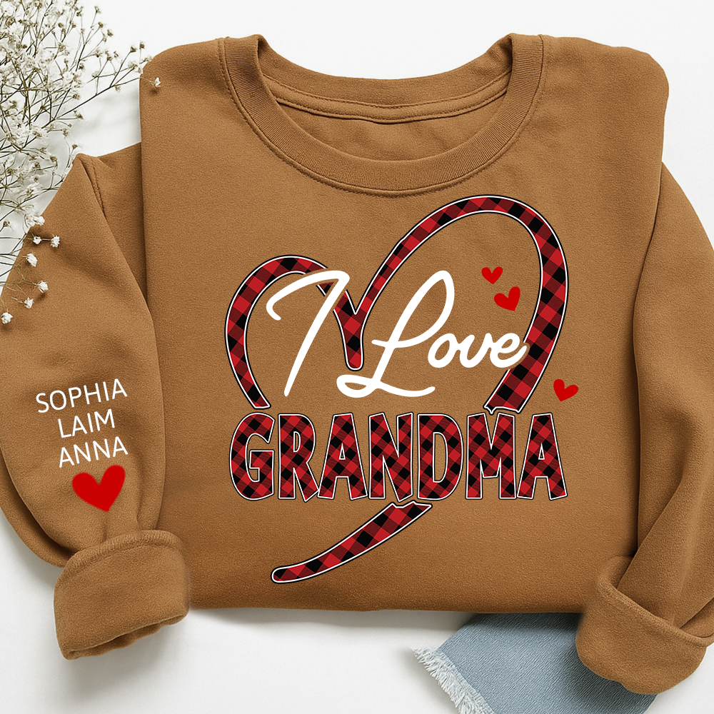 Custom Grandma Sweatshirt with Grandchildren Names, I Love Grandma Plaid Heart Crewneck