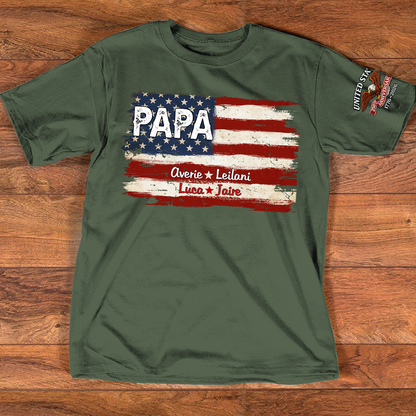 Custom Papa American Flag Shirt with Kids Names, Personalized Patriotic Papa T Shirt Family Gift