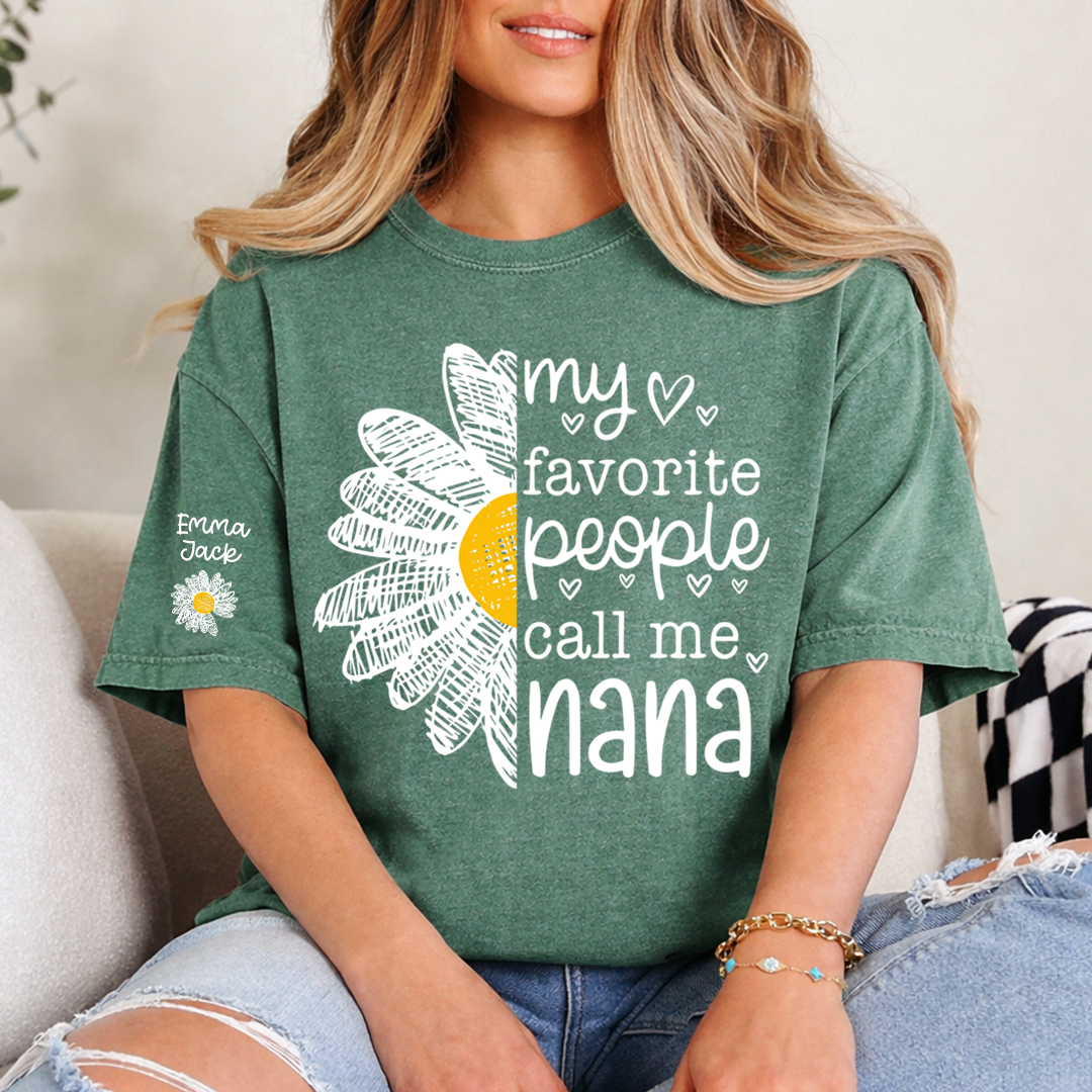Personalized Nana Floral Shirt with Daisy and Sun Graphics, Custom Grandkids Names