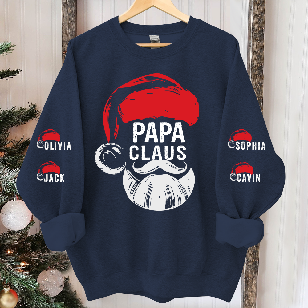 Personalized Papa Claus Sweatshirt, Custom Grandpa With Grandkids Name On The Sleeve Sweatshirt