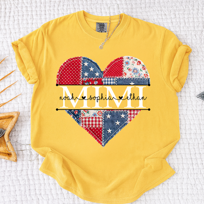 Comfort Colors Personalized Mimi Shirt with Grandkids Names, Patriotic Heart Patchwork Design