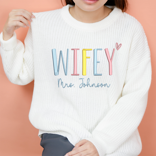 Wifey Embroidered Color Sweater, Christmas Gift Knit Sweater – Personalized Wifey Sweater with Wedding Gift, Gift for Bride