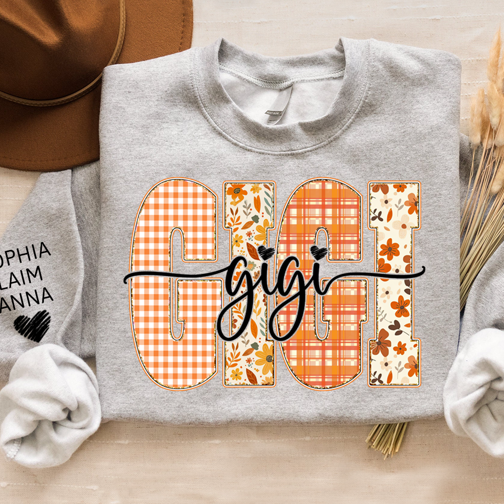 Personalized Gigi Crewneck for Grandma – Fall Colors with Kids' Names on Sleeve