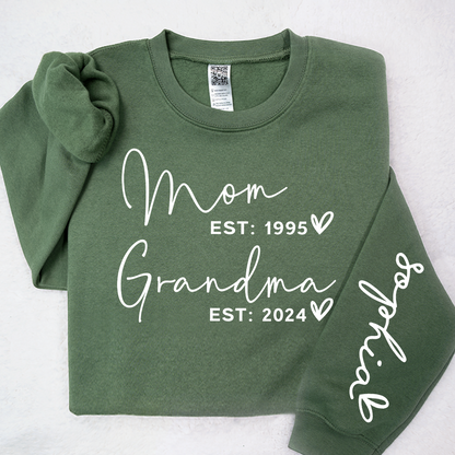 Custom Mom Grandma Est With Kids Names On Sleeve Sweatshirt, Personalized Grandma Sweatshirt, Best Gift For Mother's Day Birthday Christmas