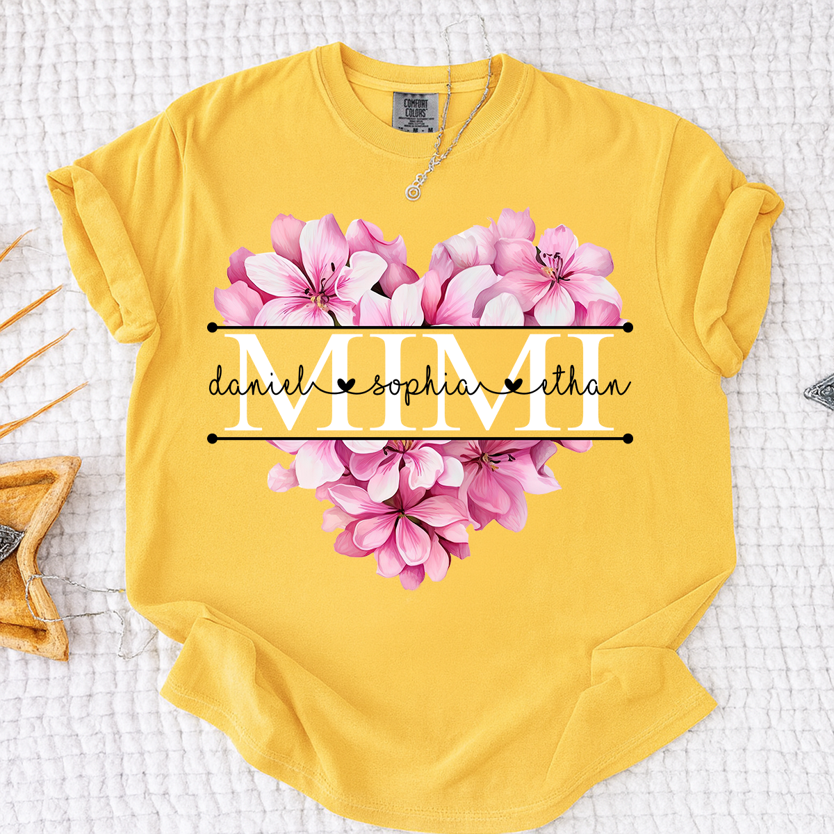 Comfort Colors Pink Floral Heart Design Family Tee, Personalized Mimi Shirt with Custom Names