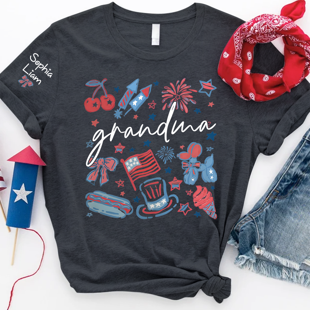 Grandma Custom T Shirt, Independence Day Themed Design with Fireworks, Stars, and USA Icons