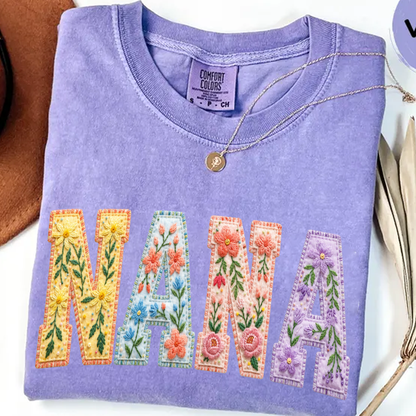 Personalized Nana Shirt Floral Embroidery Design Custom Grandma Mimi Gigi Name Tee with Grandkids Names Vibrant Flower Pattern Family Gift for Women