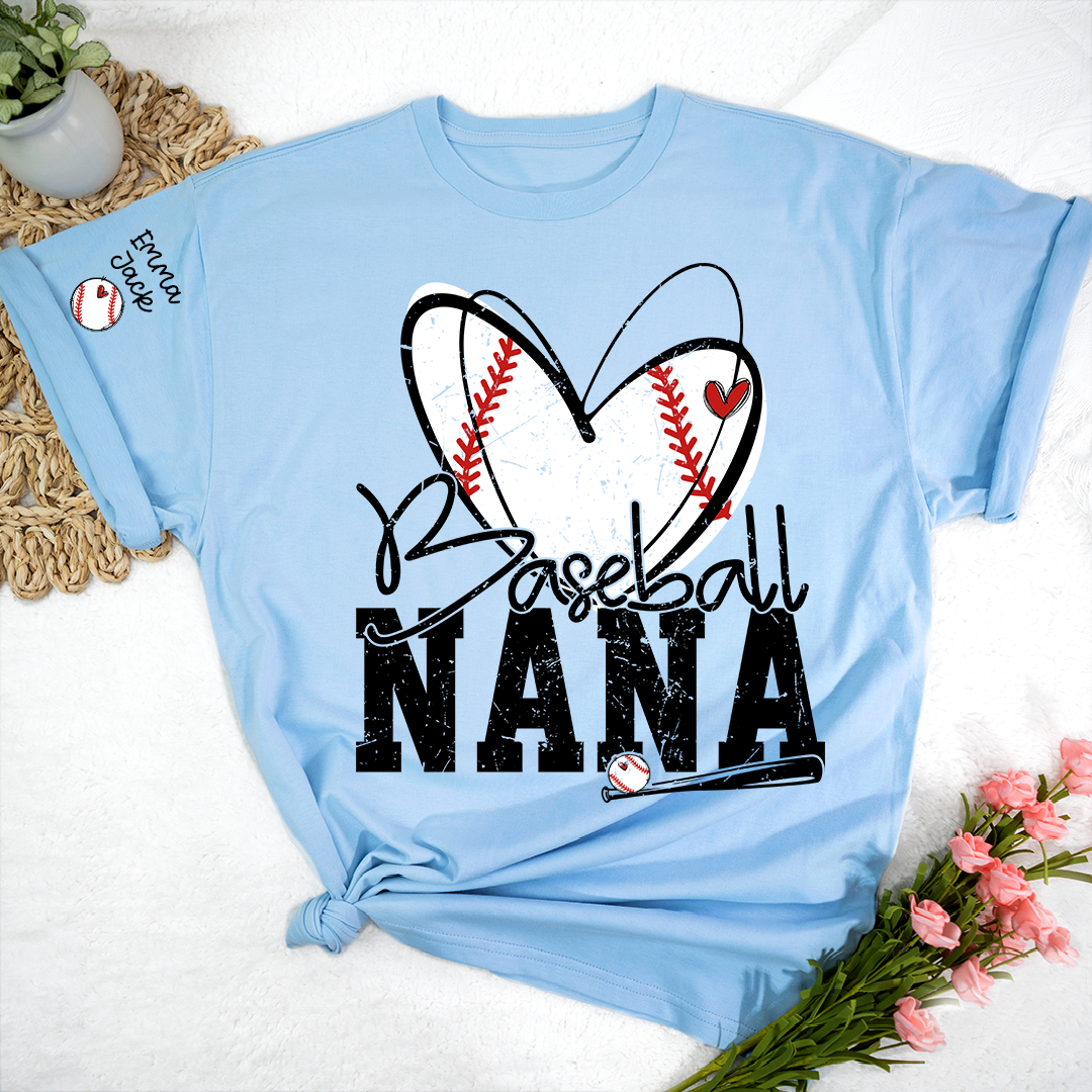 Baseball Nana Shirt, Personalized Family T Shirt with Custom Grandkids Names and Heart Design