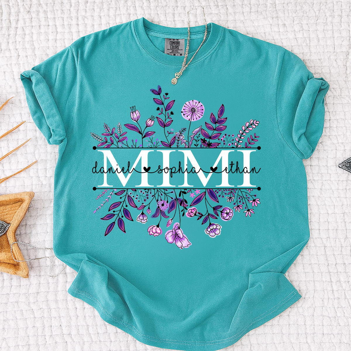 Comfort Colors Personalized MIMI T Shirt, Customizable with Family Names, Stunning Floral Design with Purple Flowers
