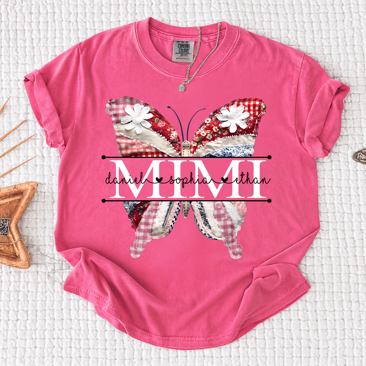 Comfort Personalized Mimi Shirt with Grandkids Names, Colorful Patchwork Butterfly Design Family Tee