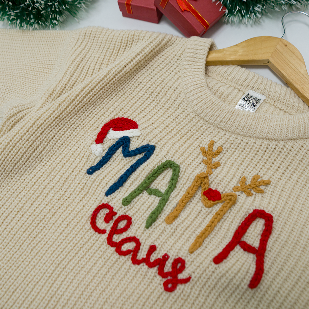 Custom Hand-Embroidered Christmas Knitted Sweater – Personalized Mama Claus Sweater with Festive Design