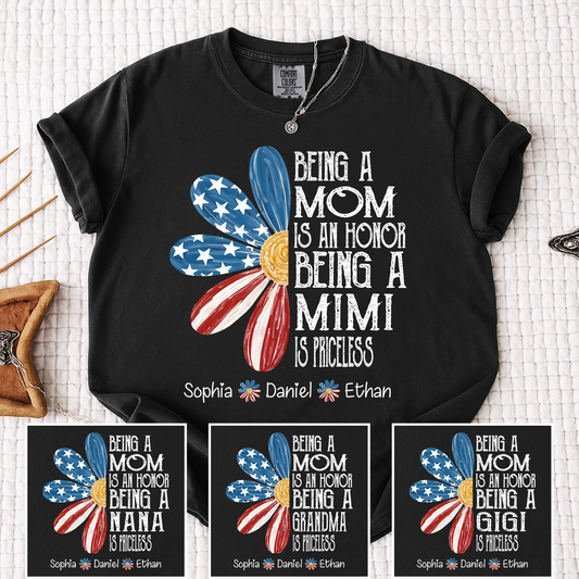 Comfort Colors Custom Mimi T Shirt with Grandkids Names USA Flag Daisy Graphic Being a Mom Is an Honor Mimi Is Priceless Family Name Personalized Apparel