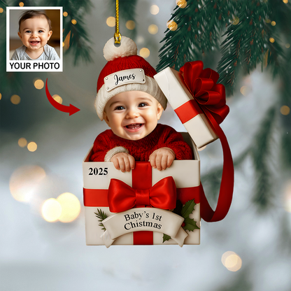 Personalized Baby’s 1st Christmas Ornament 2025 – Custom Photo Gift Box Ornament, Baby Face Christmas Keepsake