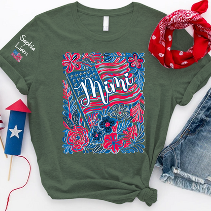 Personalized Mimi Shirt with Kids Names Patriotic Floral Design USA Flag Custom Family Tee