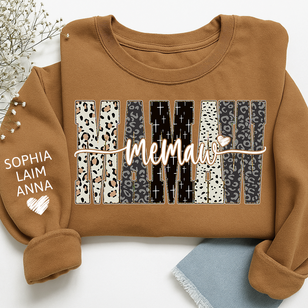 Personalized Memaw Leopard Sweatshirt – Custom Bible Style Design, Unique Gift for Grandma and Her Grandkids