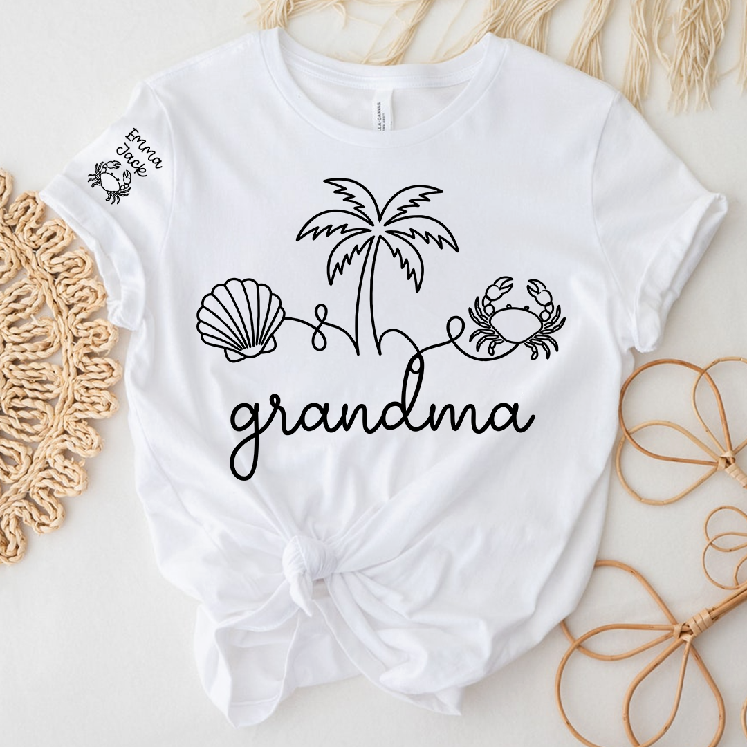 Personalized Grandma Beach Shirt, Custom Grandkids Names Sleeve Tee, Coastal Grandma T Shirt, Ocean Lover Gift for Grandma