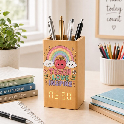 Teacher Pen Holder With Clock, Personalized Wooden Desk Organizer, Back To School Gift For Teacher, Classroom Supplies Decor