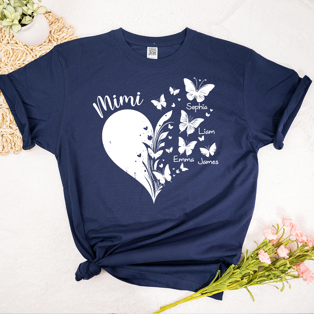 Mimi Butterfly Heart Shirt with Kids Names, Personalized Mimi Grandma T-Shirt Gift for Her