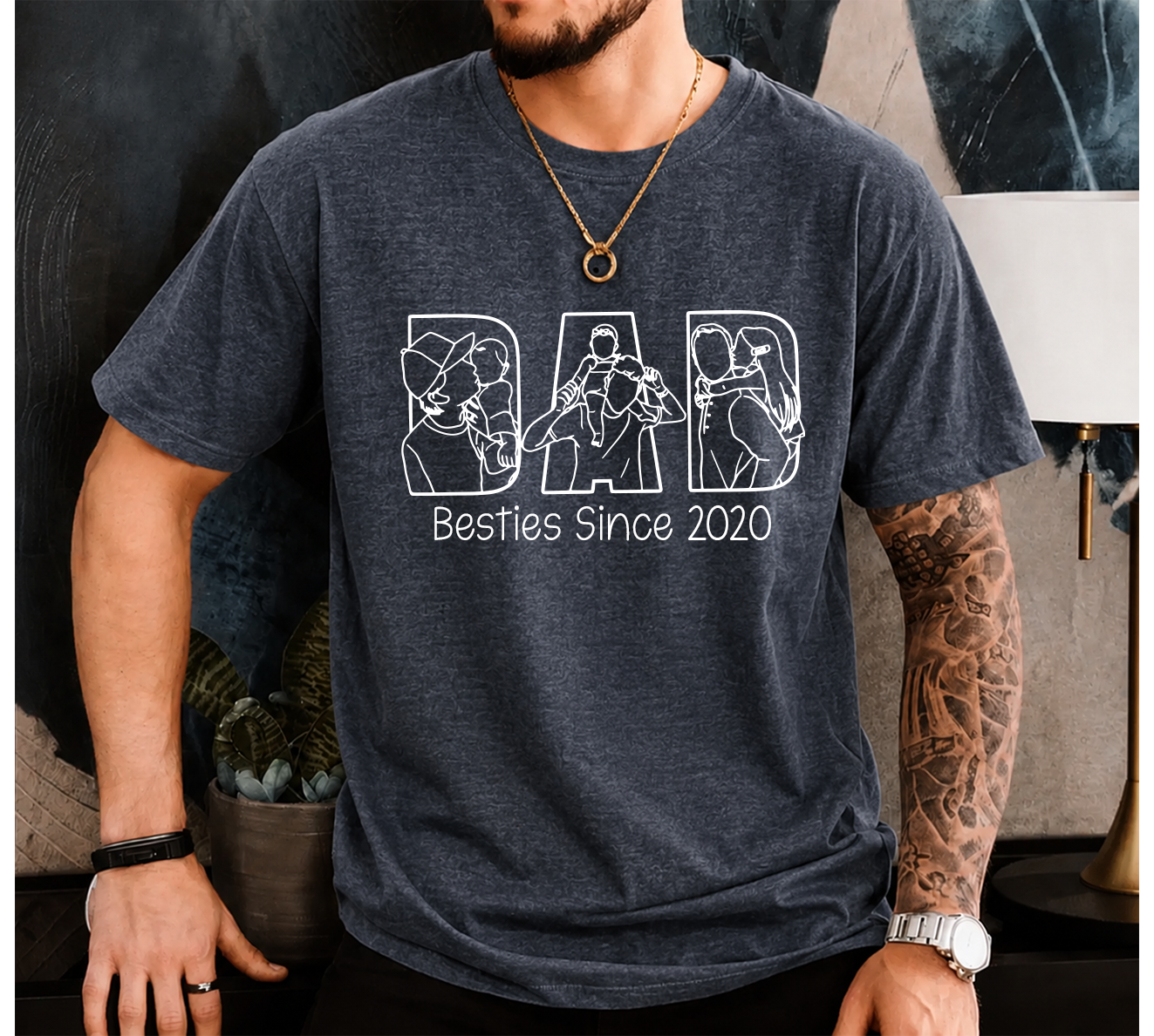 Personalized Photo Dad T-Shirt – Custom Line Art Family Design Gift for Daddy Papa Dad