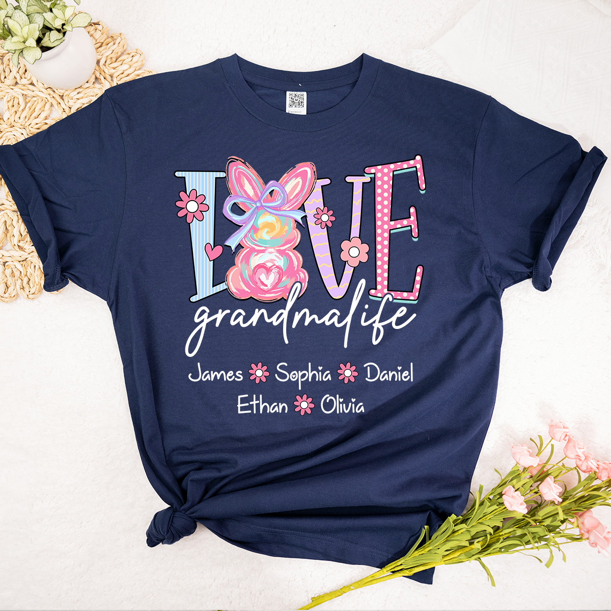 Grandma Life Shirt Love Design, Personalized Bunny Floral Grandma Tee